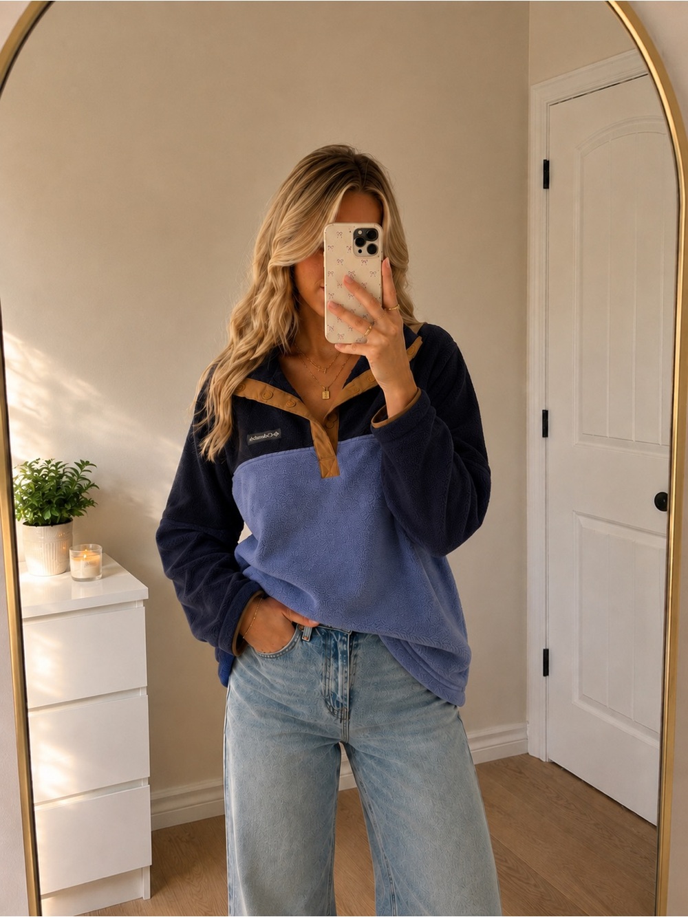 Columbia Two-Tone Fleece Pullover - Lavender/blue & Navy with Tan Trim